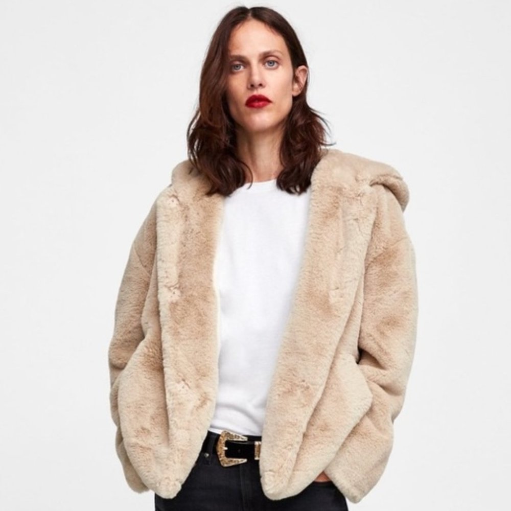 Zara Basic Faux Fur Hoodie Jacket